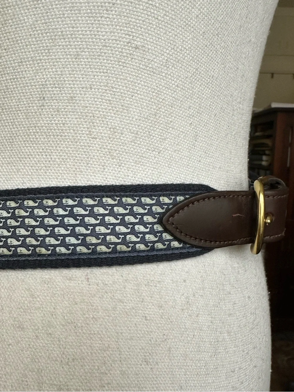 Vineyard Vines Navy Whale-Print Webbing Belt with Brown Leather Trim Size 30